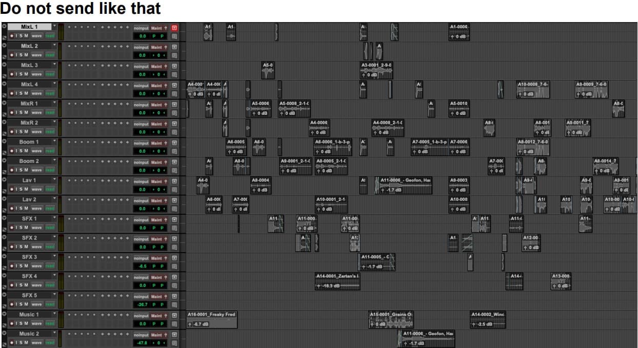 Disorganized Pro Tools timeline with scattered clips
