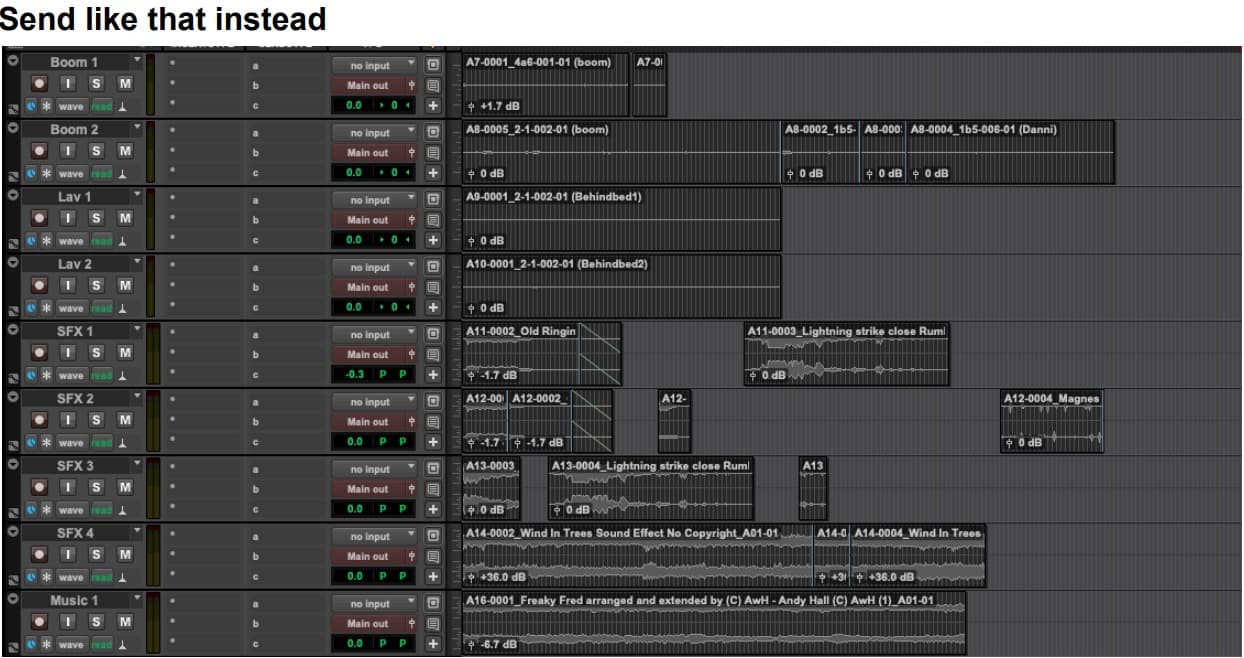 Organized Pro Tools timeline with clips grouped by track