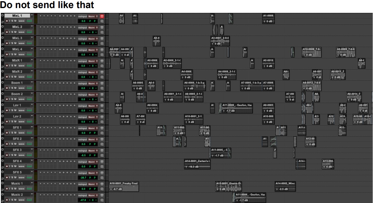 Disorganized Pro Tools timeline with scattered clips